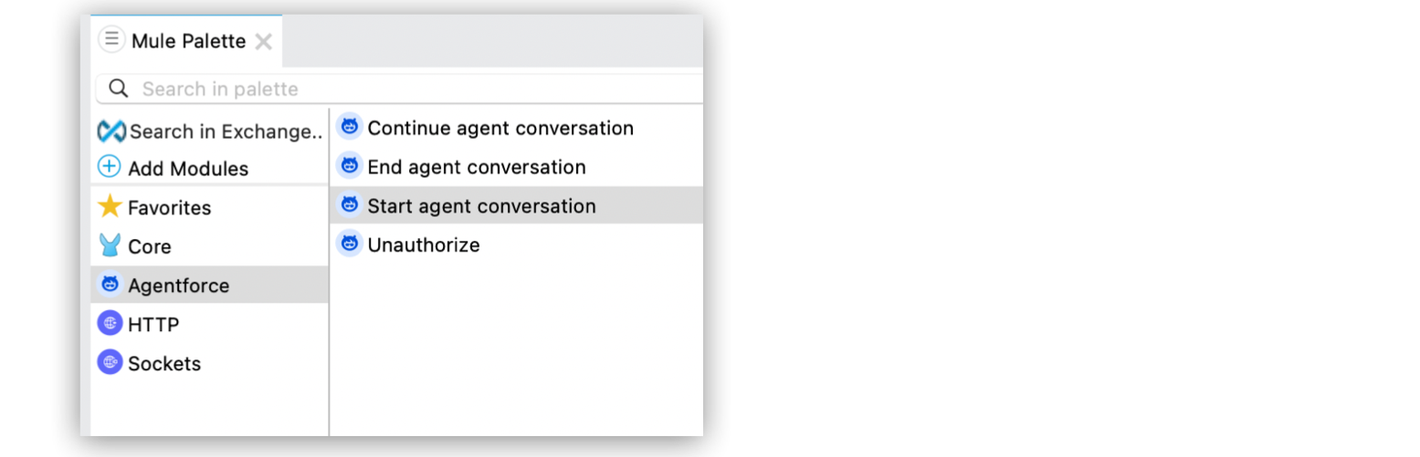 Mule Palette in Studio with Agentforce connector selected and all of the connector’s operations listed