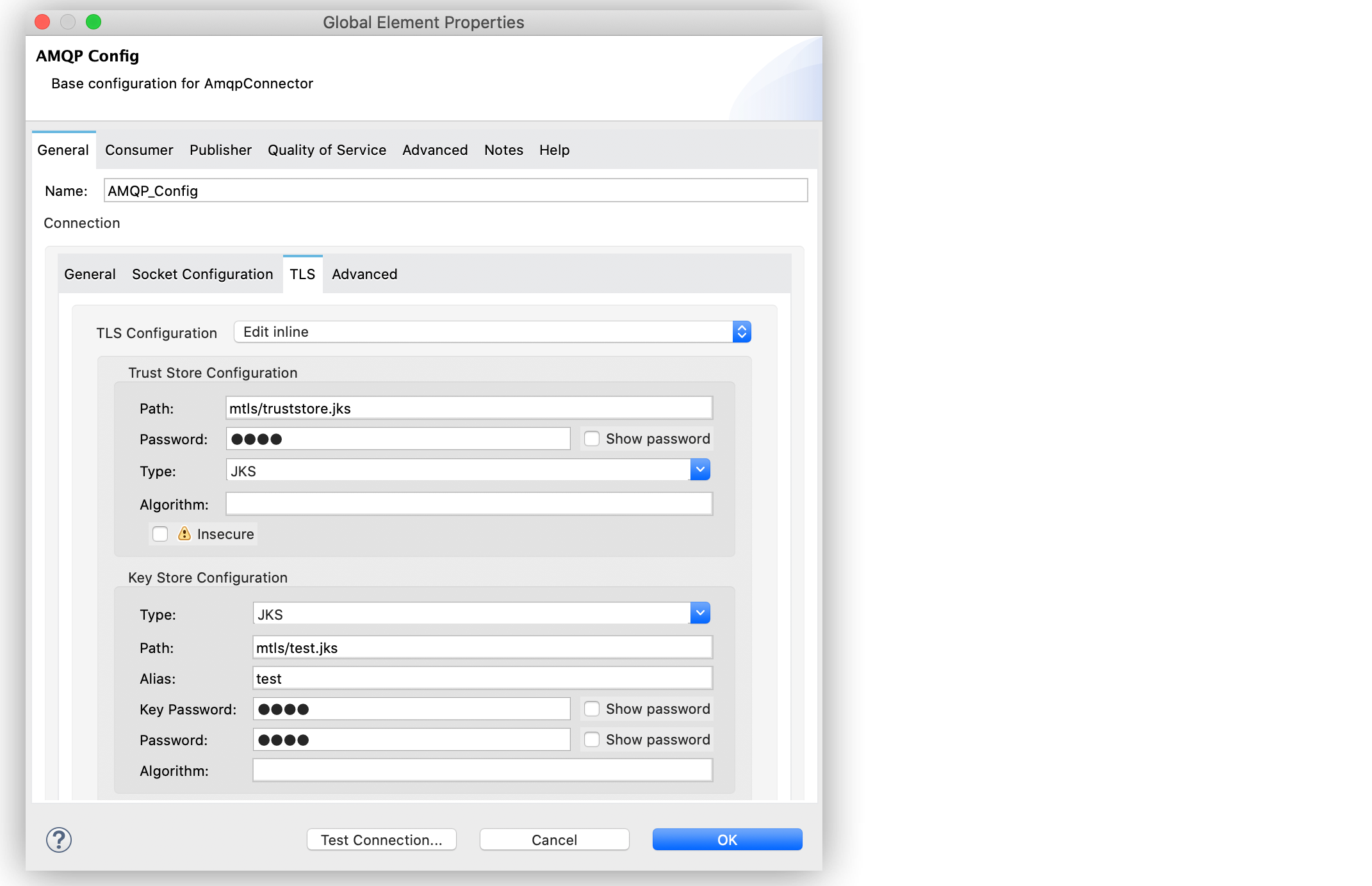 Configure AMQP Mutual TLS Authentication in global configuration element window