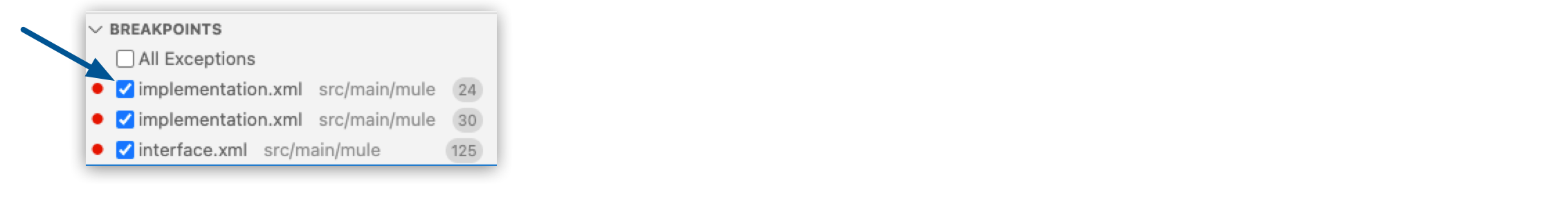 A menu panel displaying three enabled breakpoints