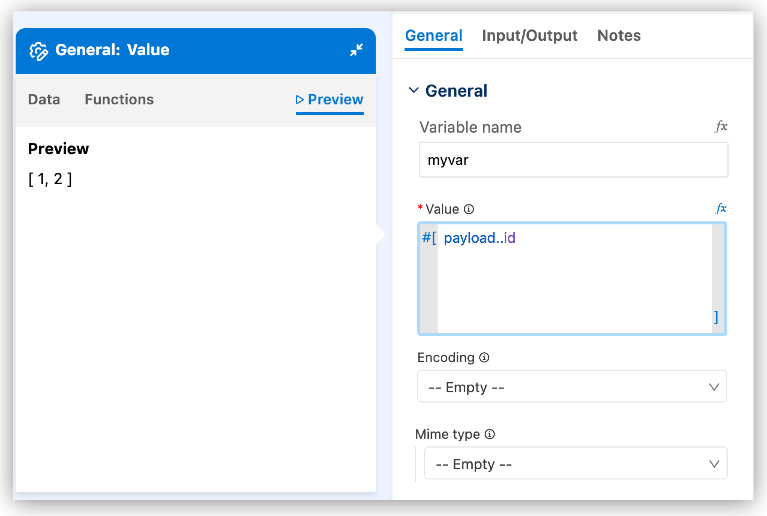 Expression Builder Preview tab displaying the evaluated result of a DataWeave expression using user-provided sample data