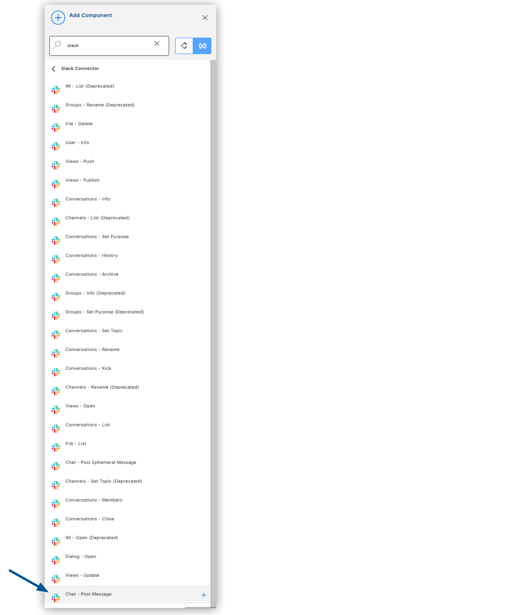 A list of search results containing Slack connector components