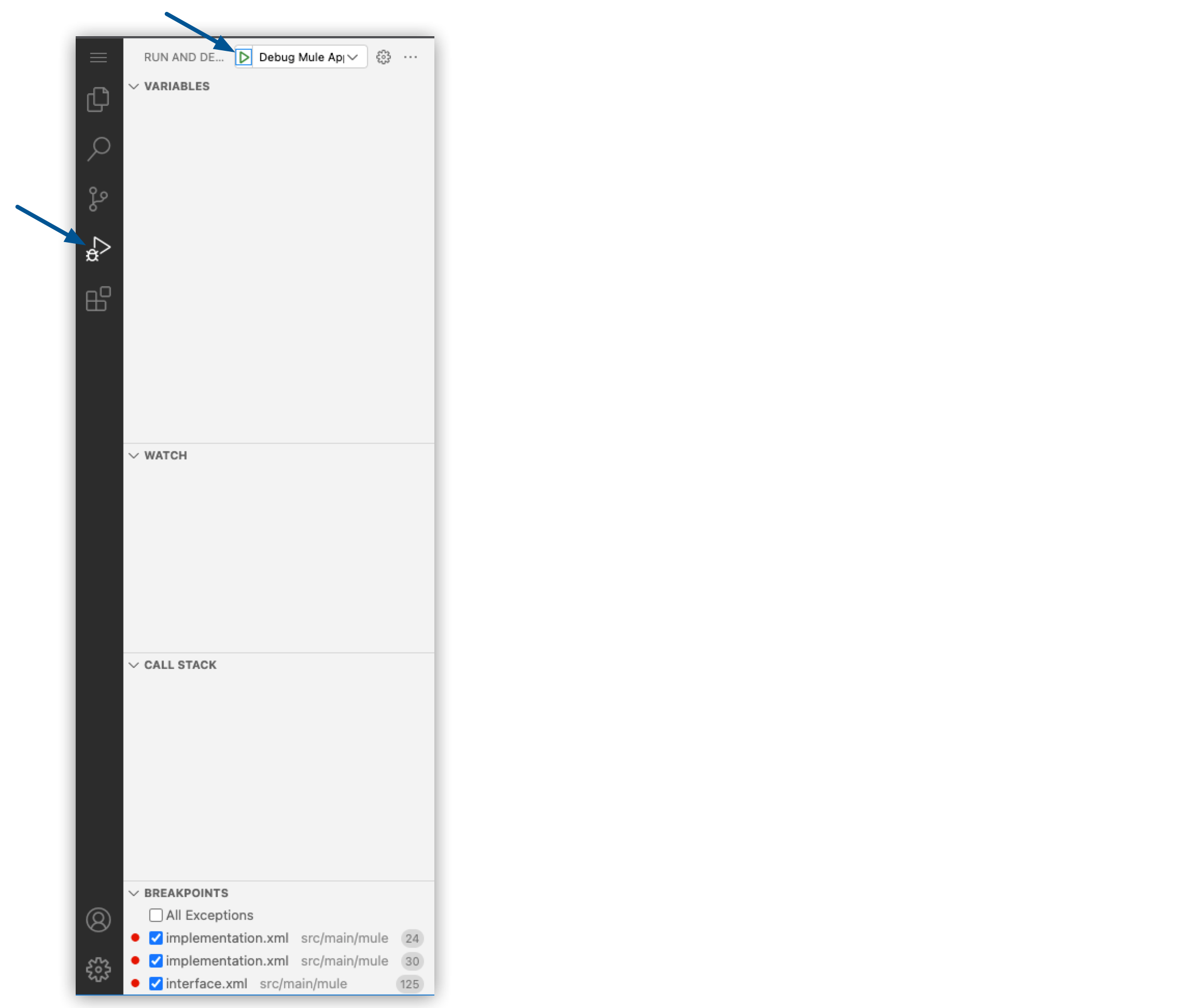 The Run and Debug and the Debug Mule Applications icons both highlighted