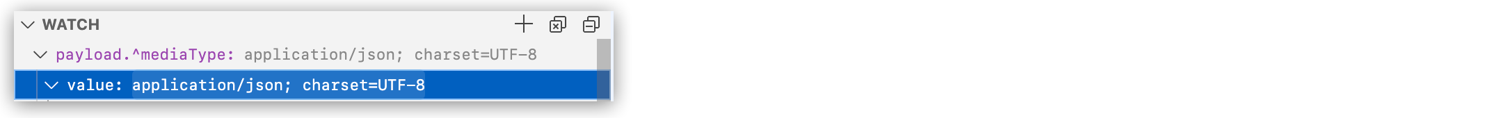 The Watch panel displaying a payload type of 'application/json'