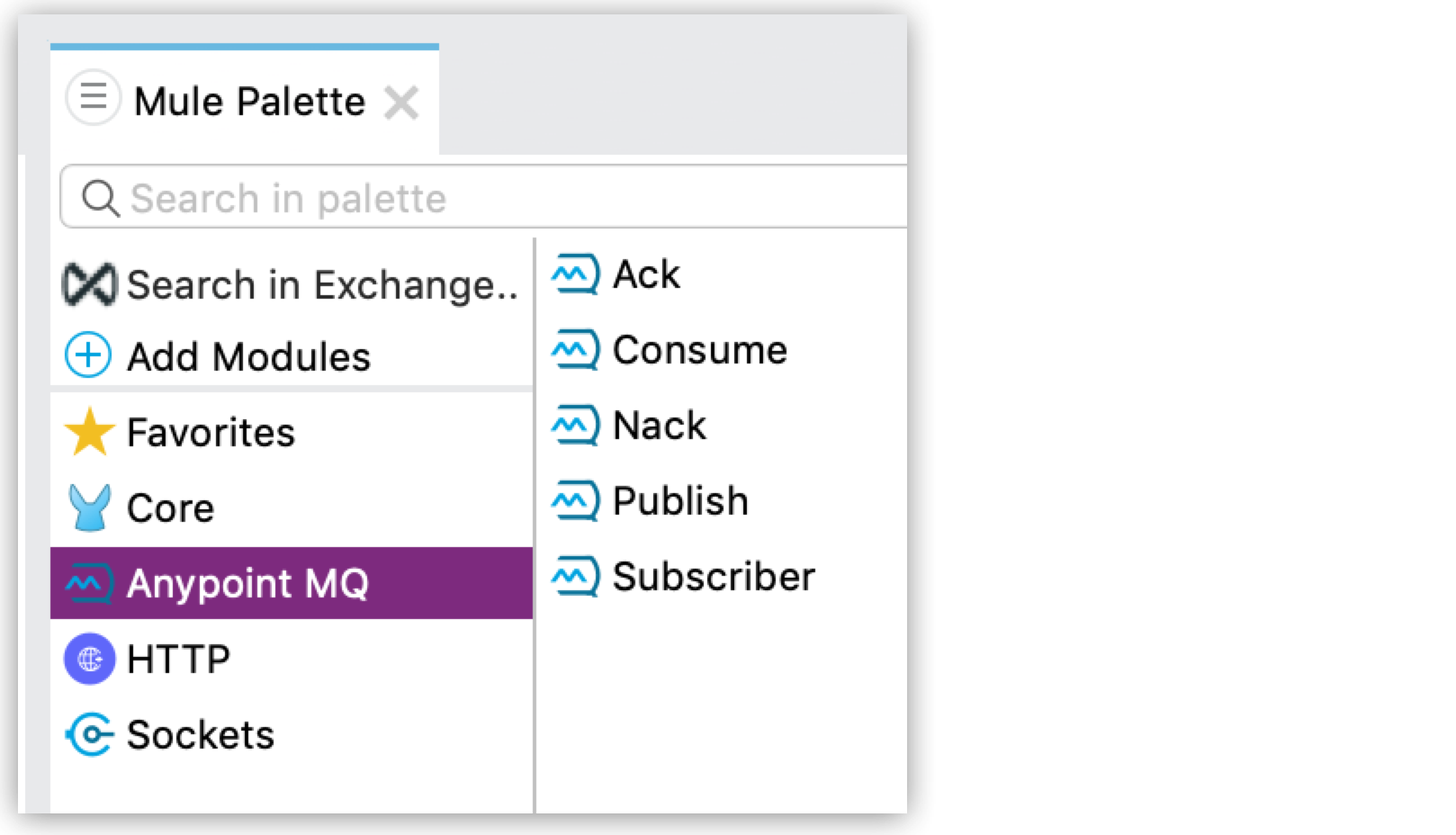 The Mule Palette with Anypoint MQ Connector selected,  displaying the available operations