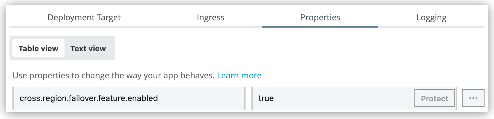 Properties table with cross.region.failover.feature.enabled set to true