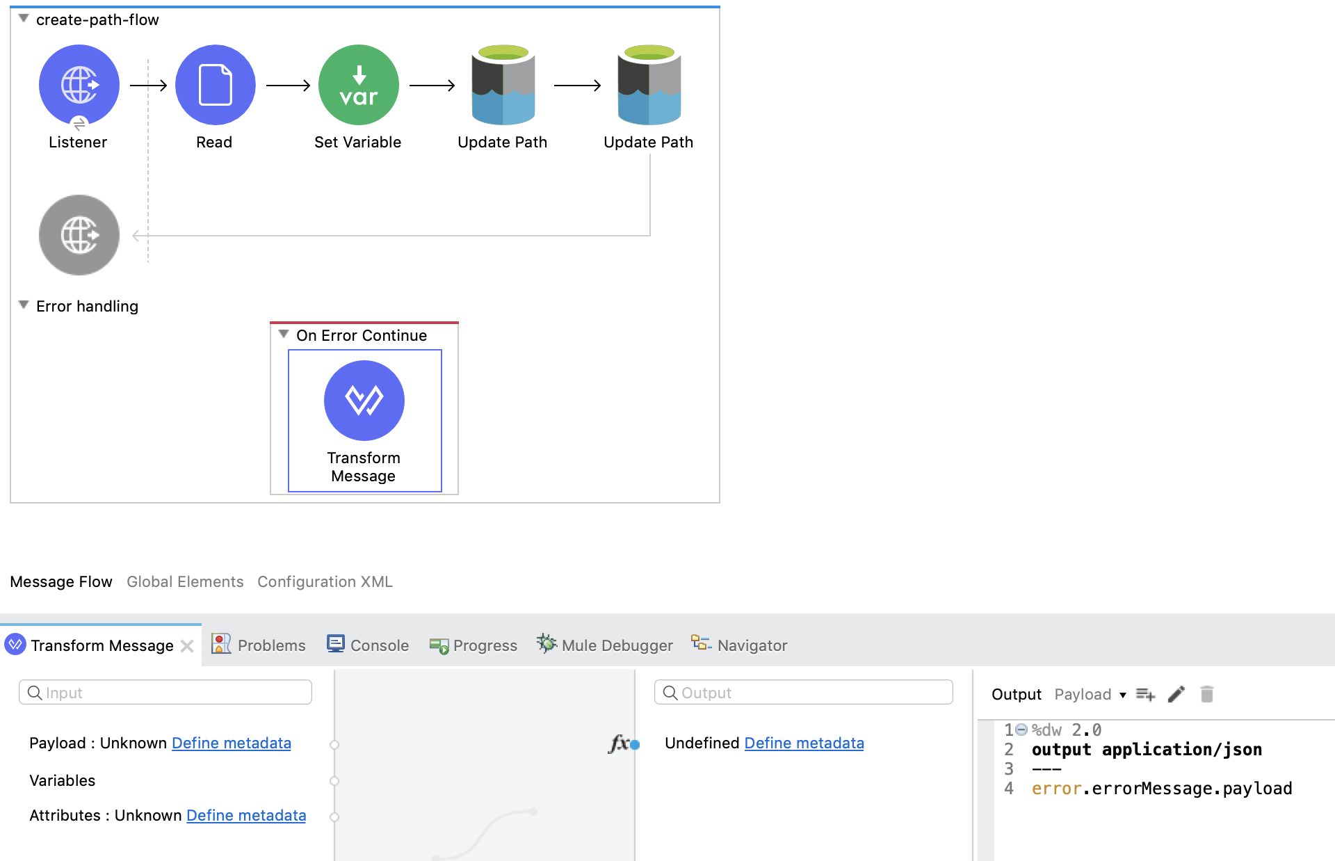 Transform Message component dragged to the flow
