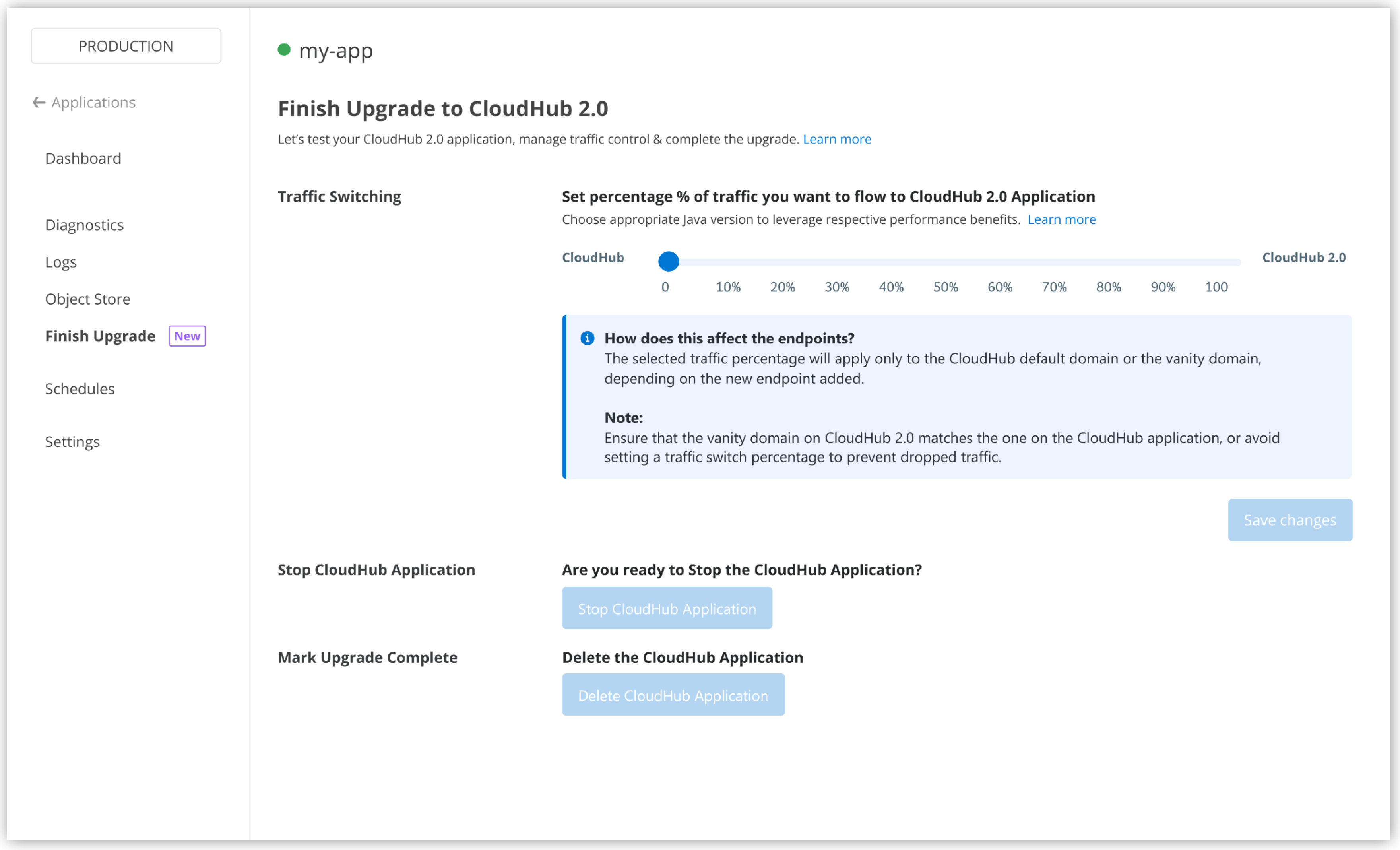 Traffic switching window showing the percentage slider to gradually redirect traffic from CloudHub to CloudHub 2.0 and the Save Changes button