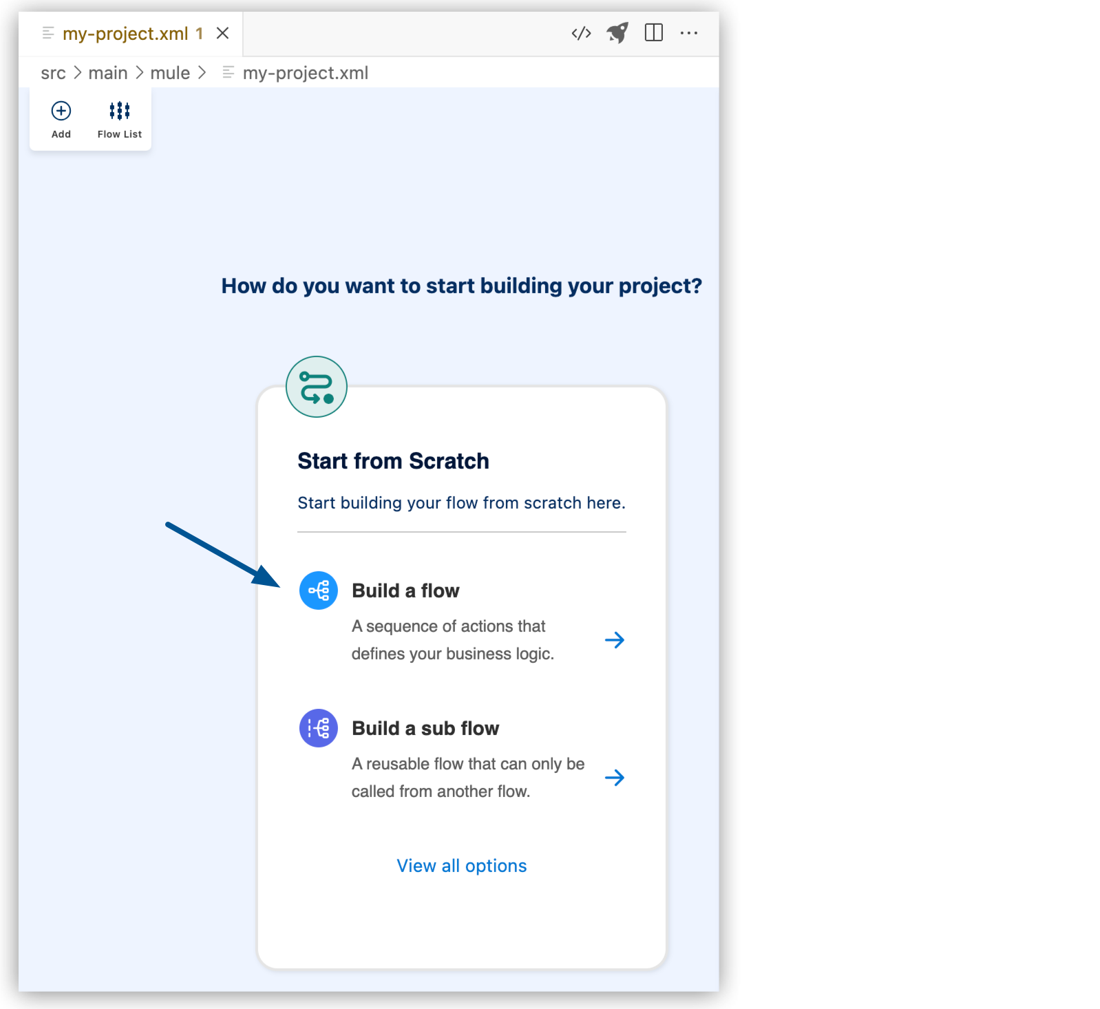 Anypoint Code Builder canvas with starting cards with the options to start from scratch, build a flow, or build a subflow