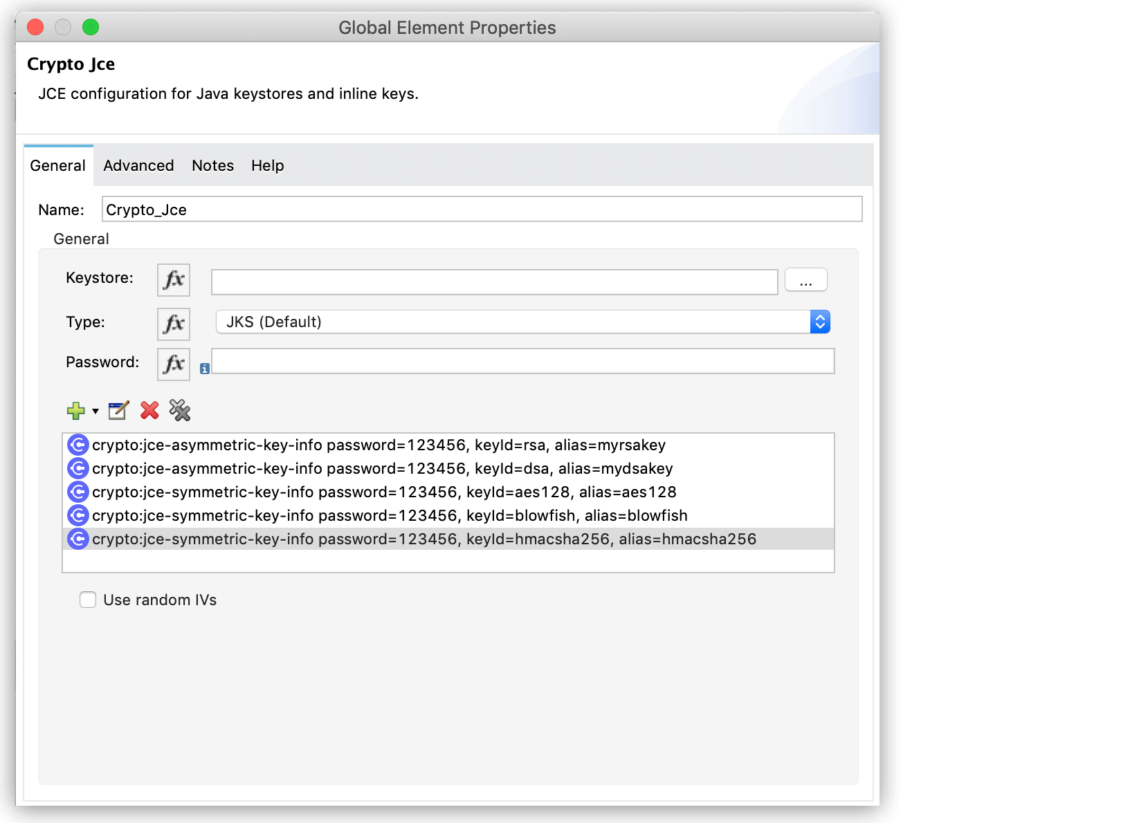 Global configuration properties for Crypto JCE with keystore details