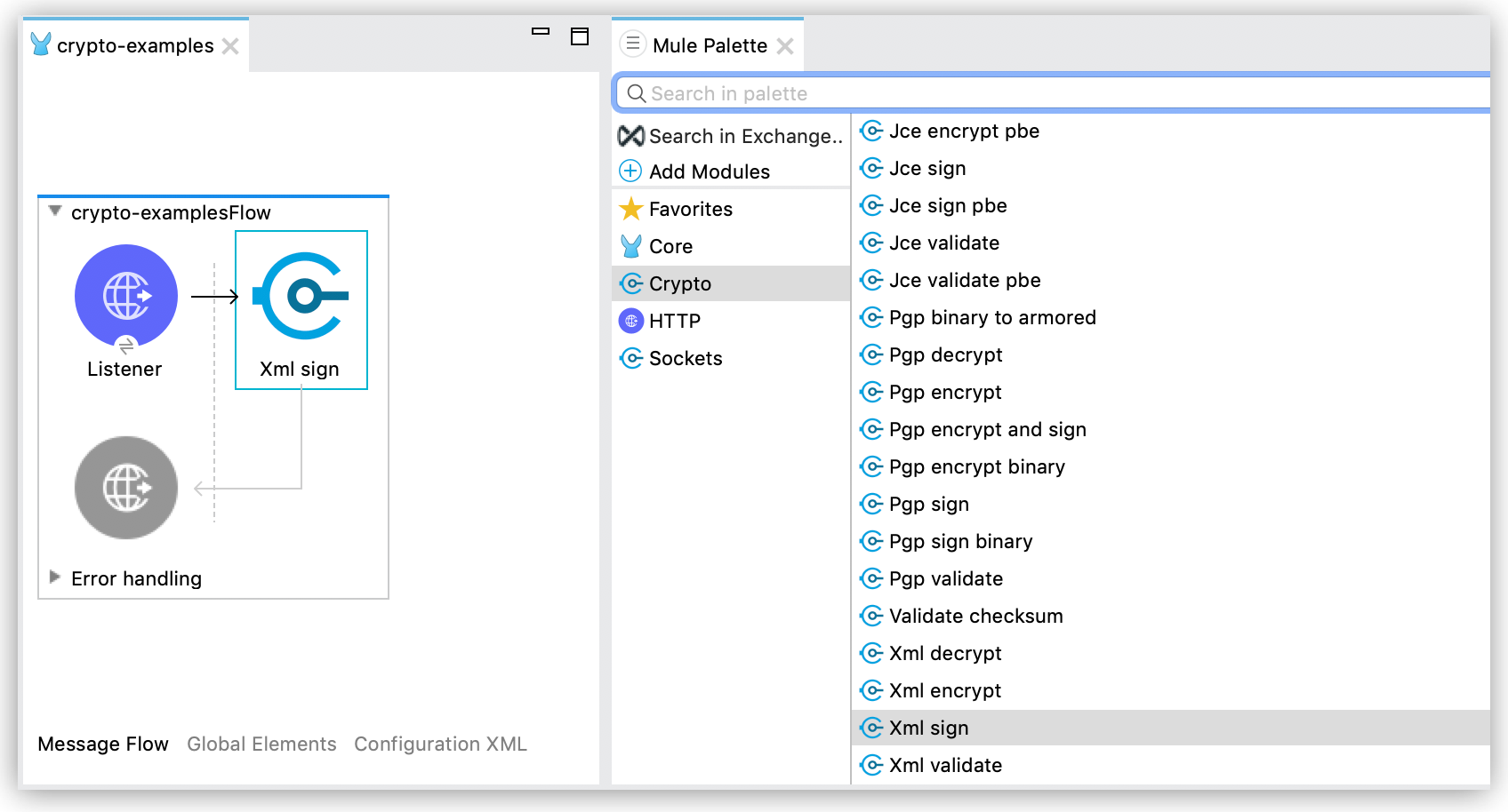 A palette menu for adding XML cryptographic operations