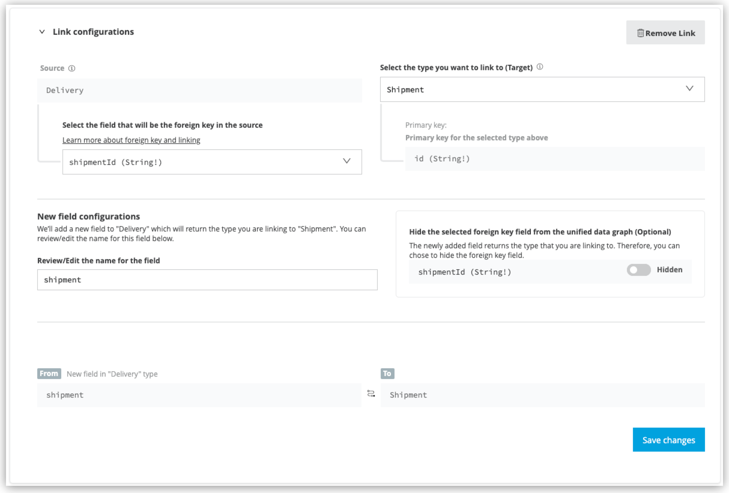 Link configurations detailing linked target type results