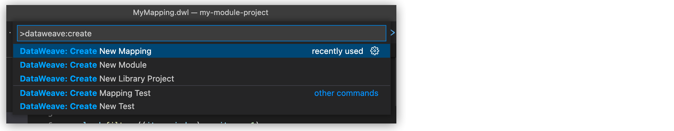Command Palette with DataWeave: Create new mapping selected