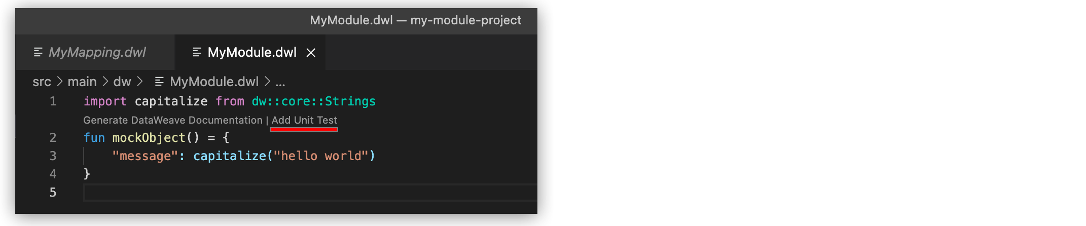 MyModule.dwl file showing the function and the Add Unit Test button