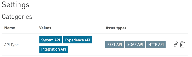 The Setting page showing categories for API type