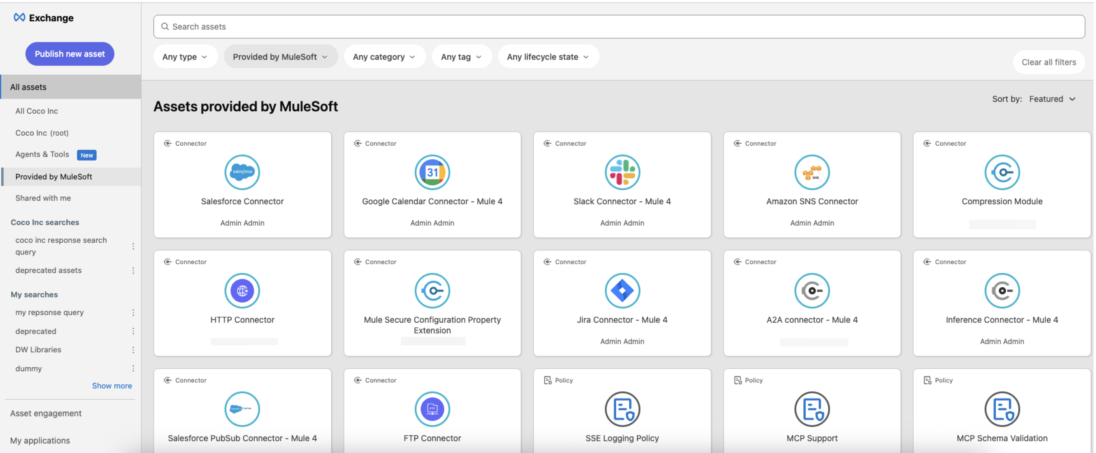 Exchange catalog showing assets provided by MuleSoft