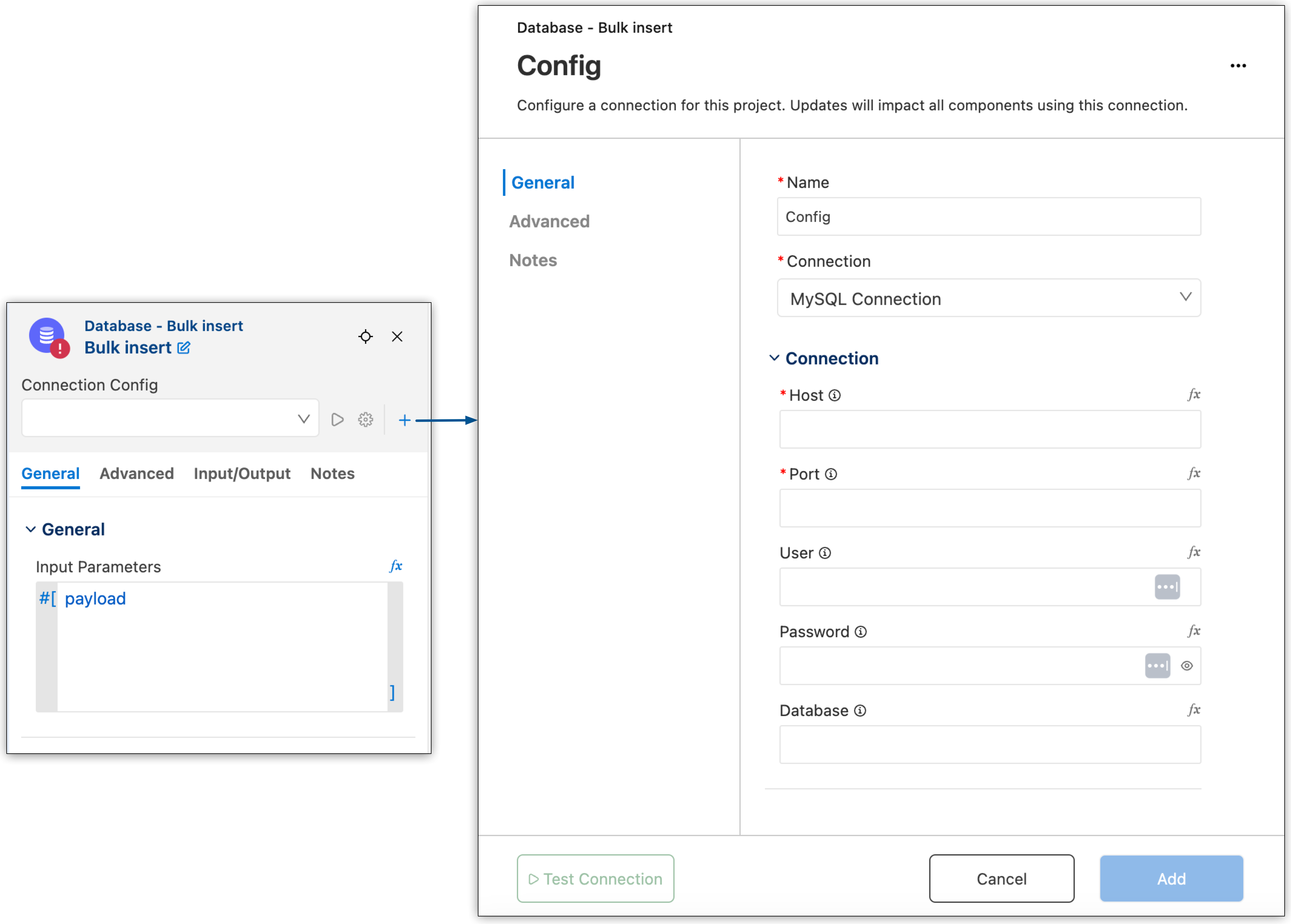 コネクタの設定パネル