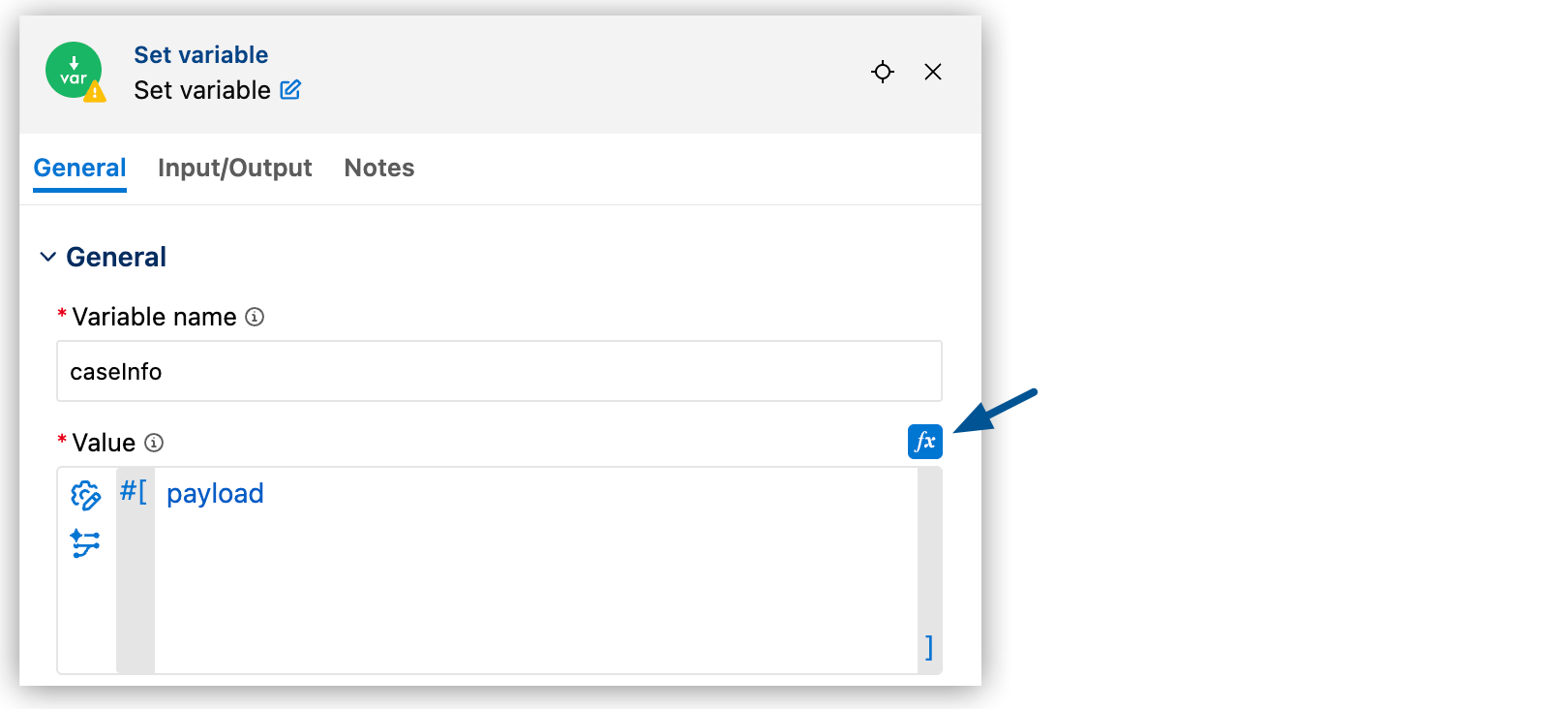 *[値]* 項目の横にある *[fx]* ボタンが強調表示されている [変数を設定] コンポーネント設定パネル