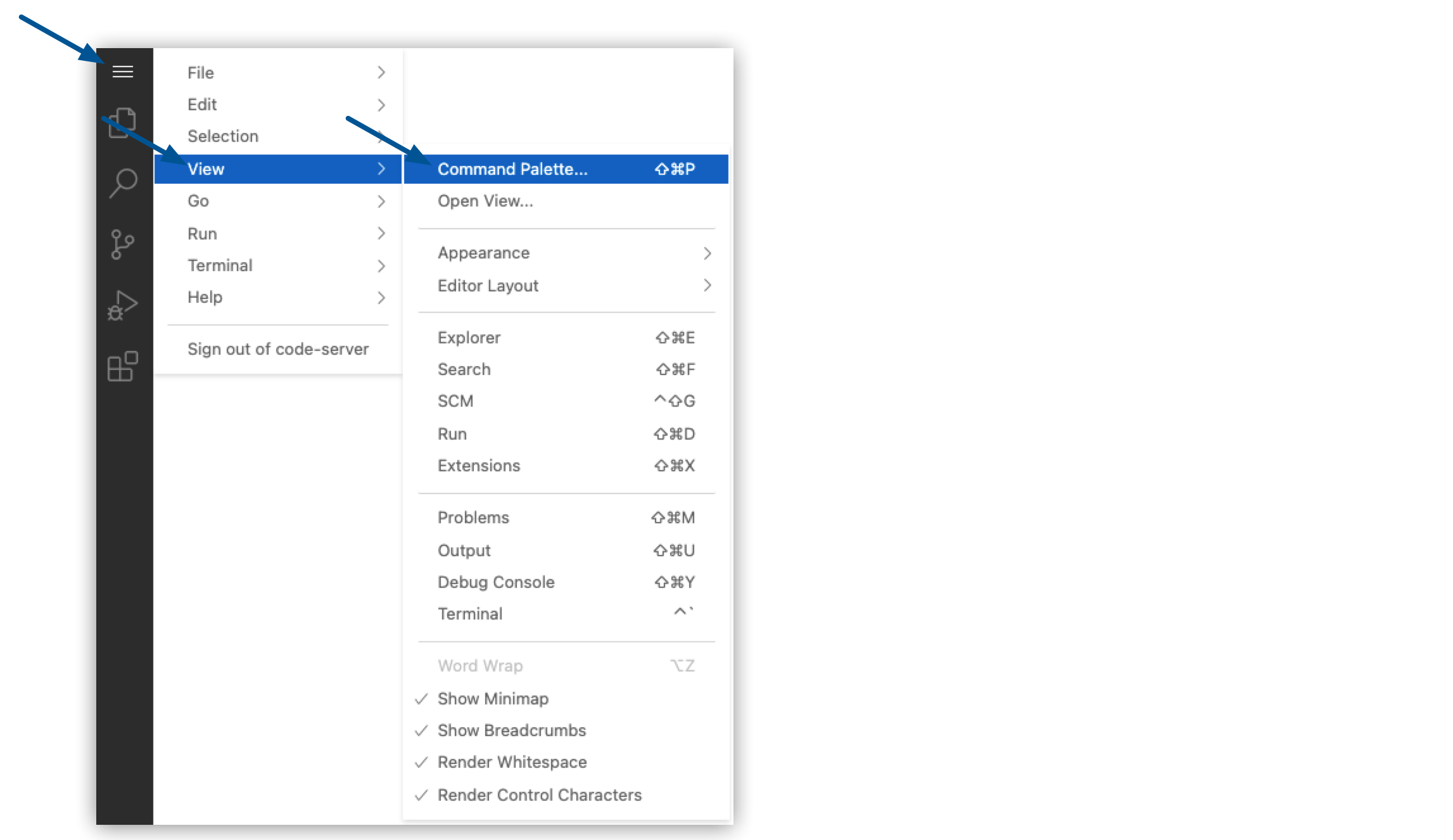 [View (表示)] および [Command Palette (コマンドパレット)] オプションがメニュー選択肢のリストに表示されています。