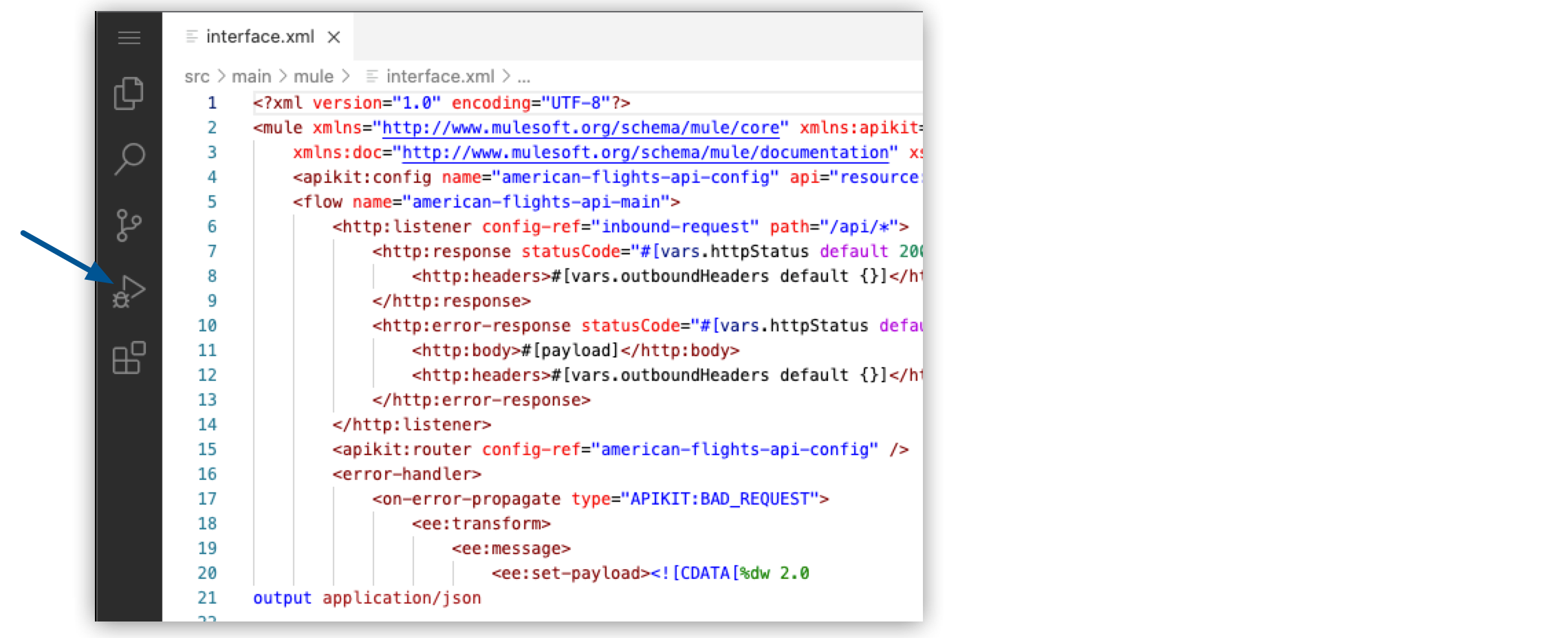 コードエディターでインターフェース XML ファイルが開き、[Run and Debug (実行およびデバッグ)] アイコンが強調表示されています