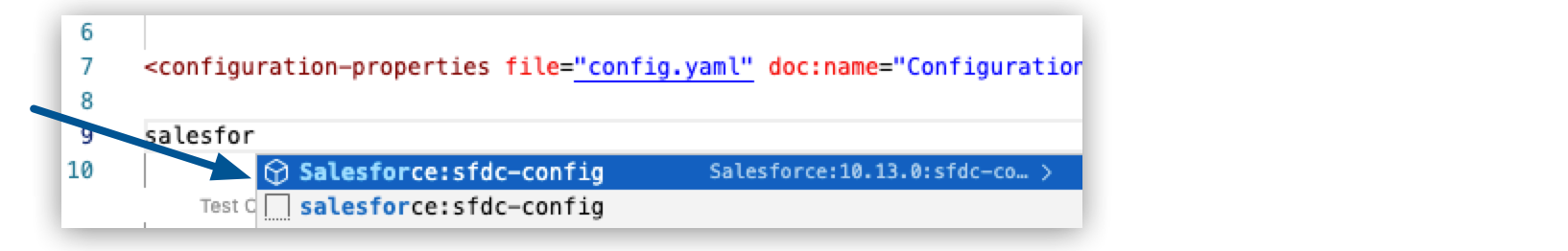 検索結果で [Salesforce:sfdc-config] が強調表示されているコードスニペット