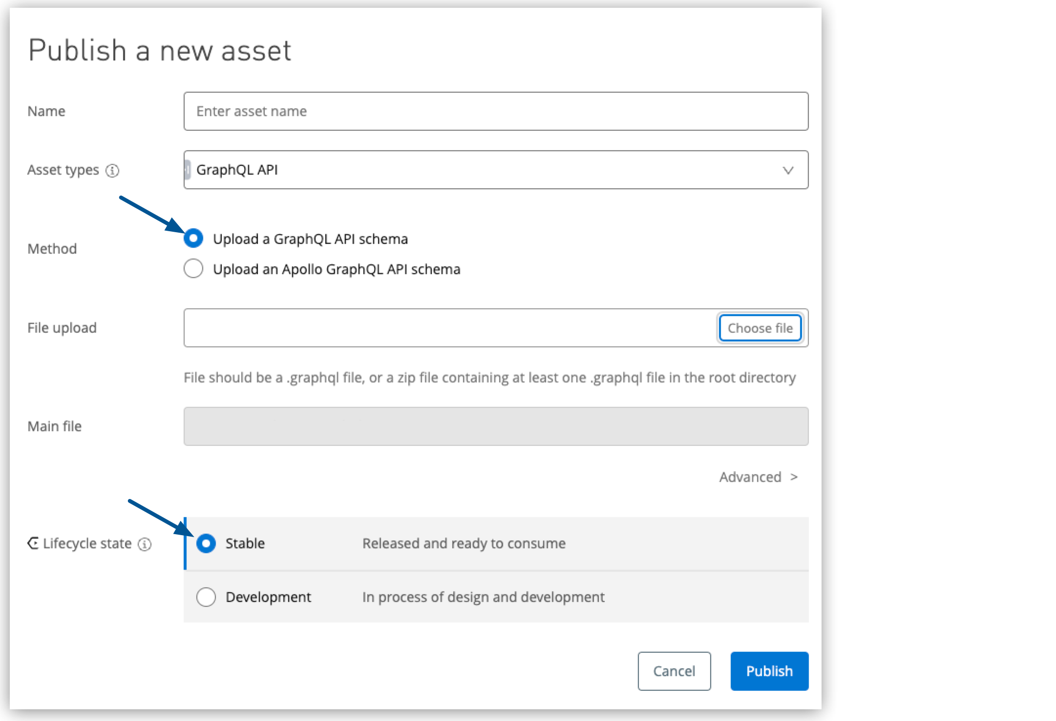 GraphQL API アセットをパブリッシュするフォーム