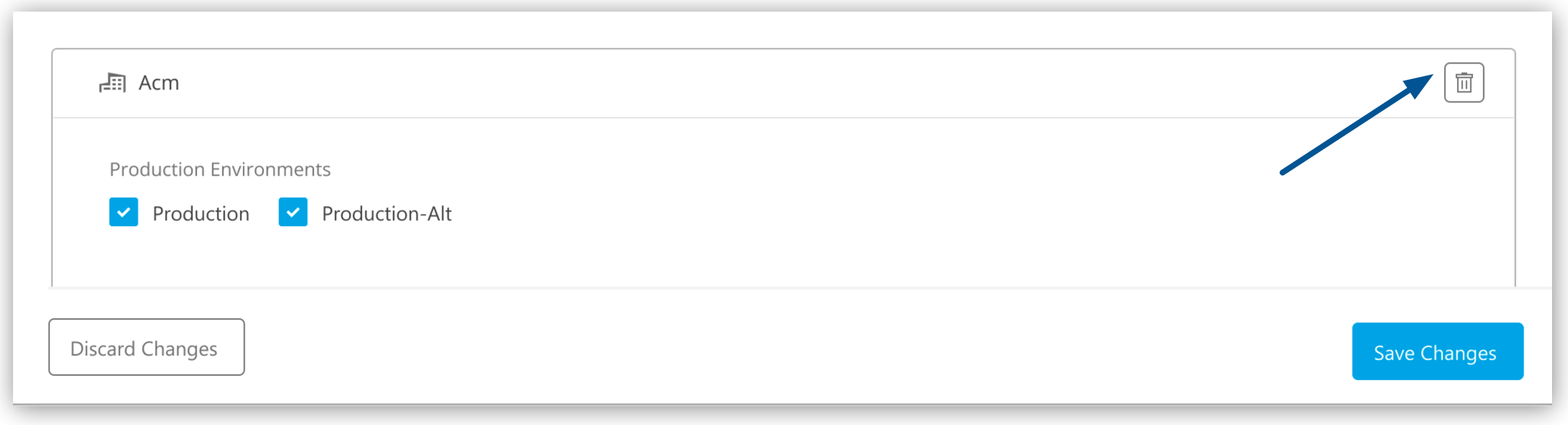 「Environments  (環境)」 タブの削除アイコン