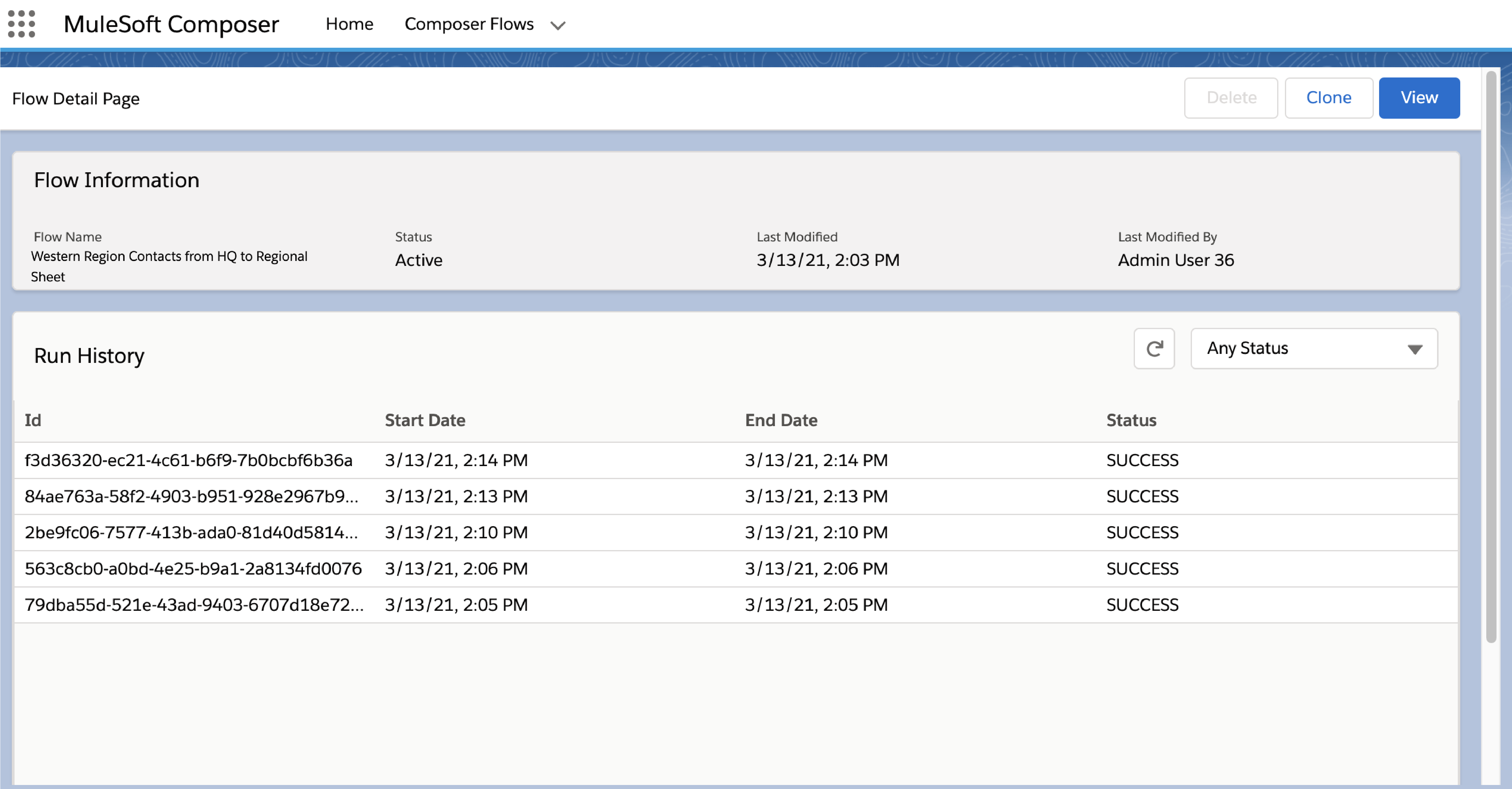 MuleSoft Composer for Salesforce のフロー実行履歴とその他のフローの詳細