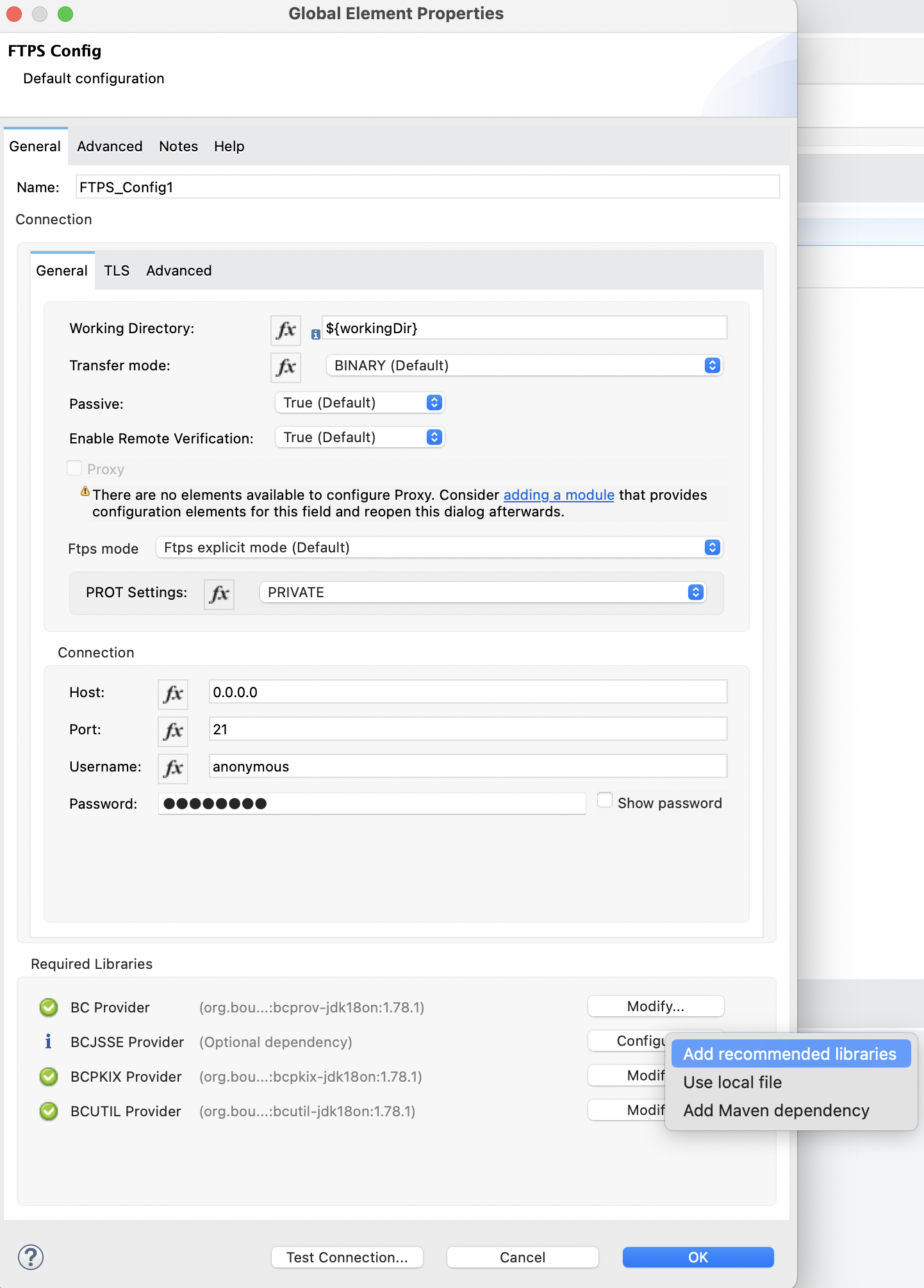 Bouncy Castle ライブラリを追加する方法のオプションが表示されているグローバル要素のプロパティウィンドウ