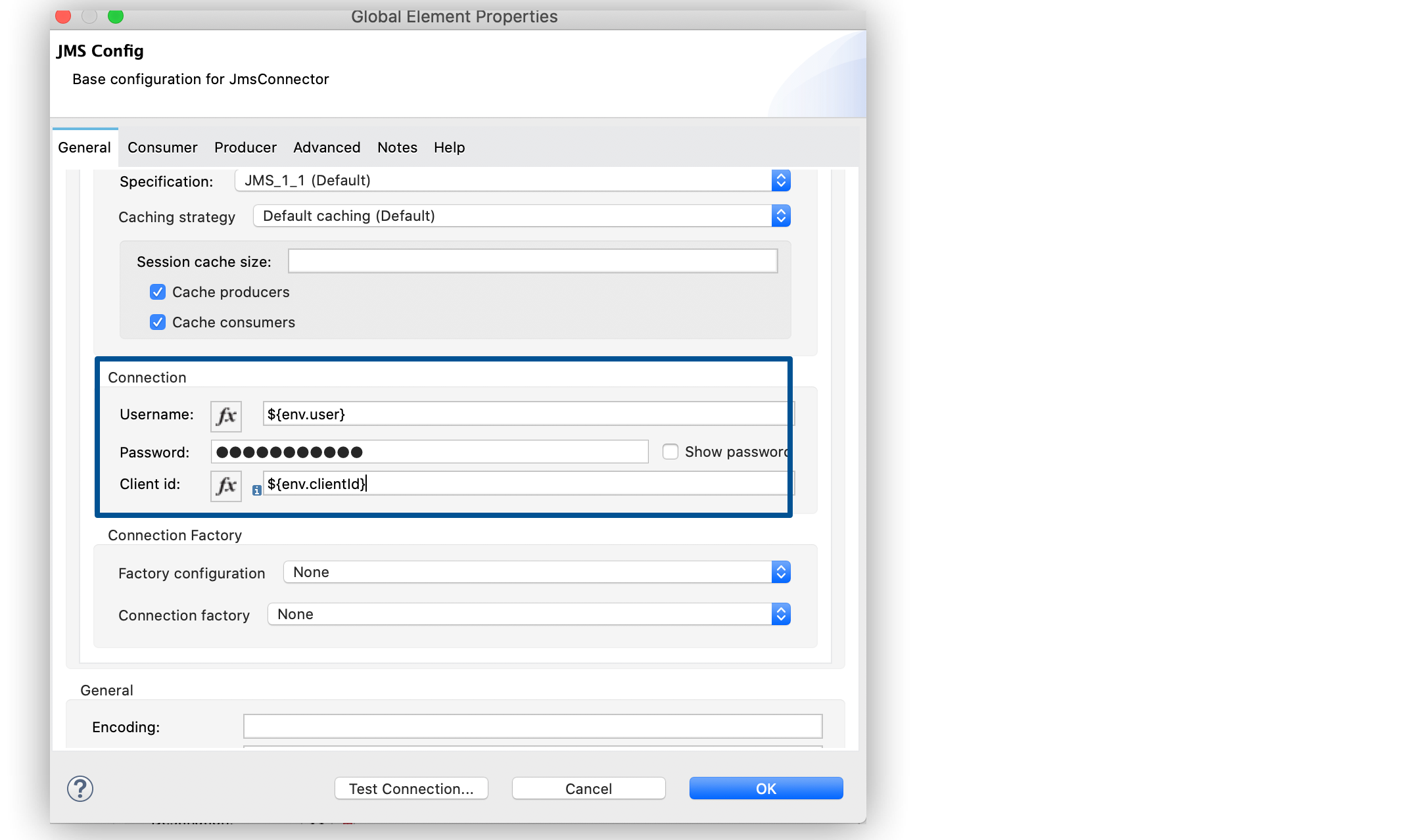 「[Connection (接続)] セクションで、[Username (ユーザー名)]、[Password (パスワード)]、[Client id (クライアント ID)] 項目を設定する。」