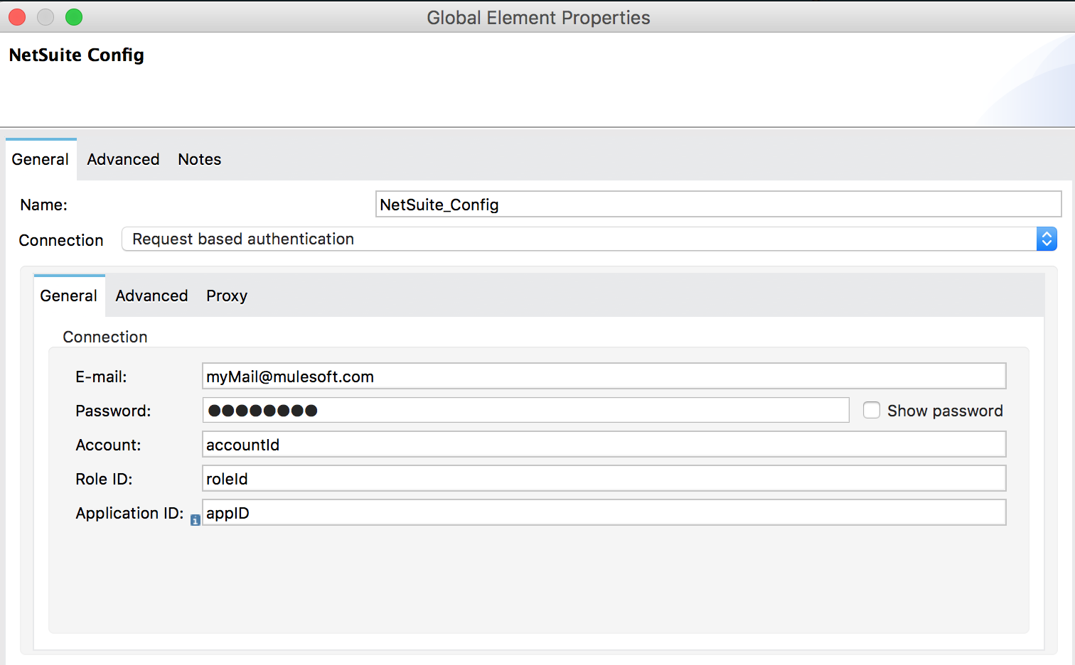 要求ベース認証の [Global Elements Properties (グローバル要素プロパティ)] ウィンドウ