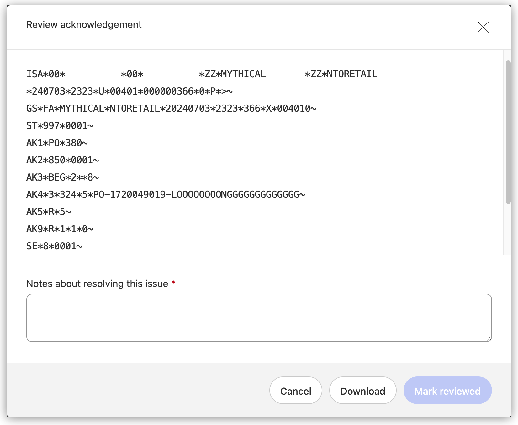 パートナーから受信した X12 997 ペイロード