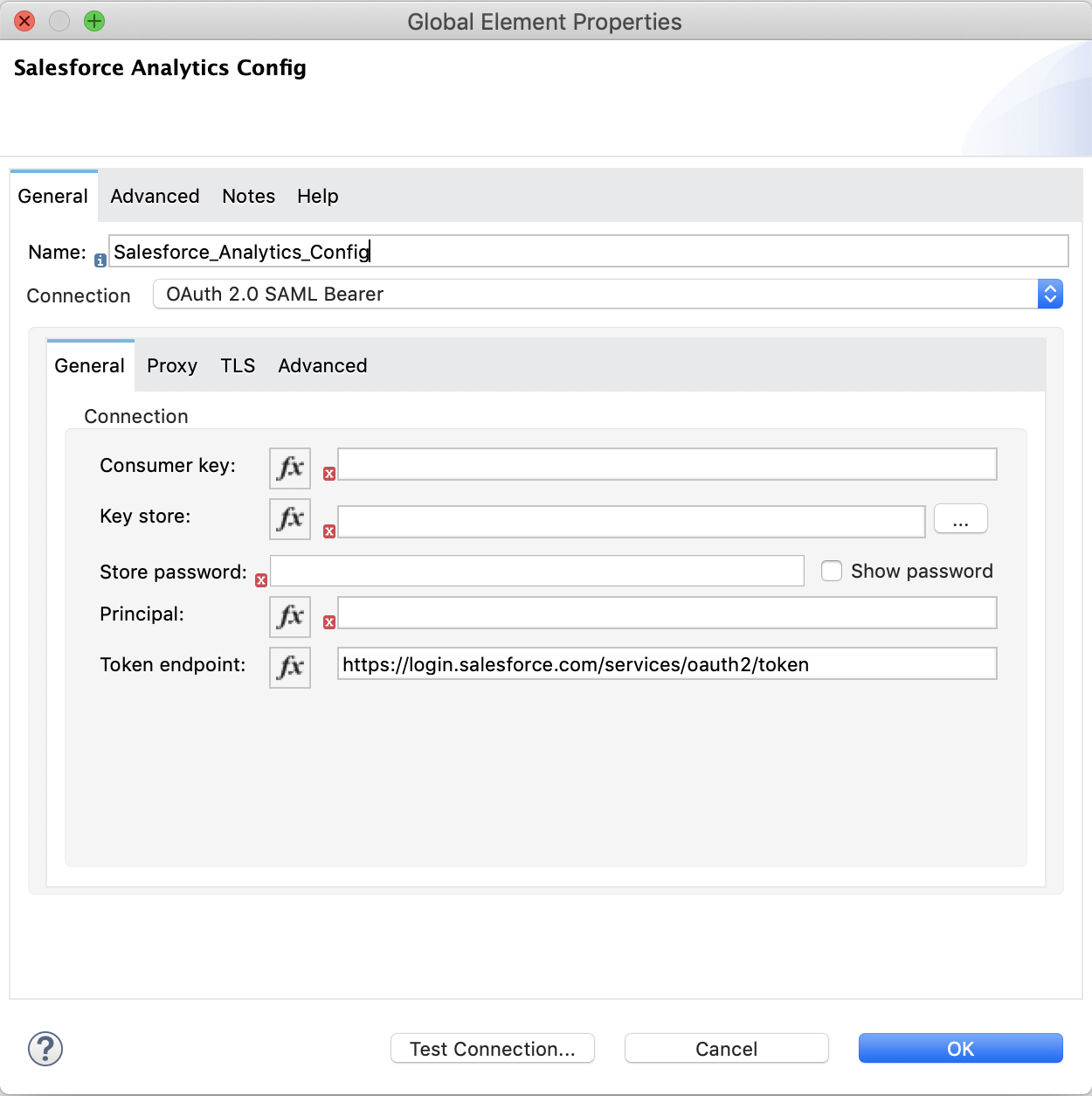 SAML ベアラー設定ウィンドウ