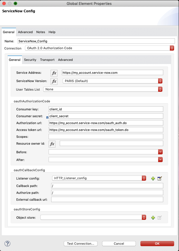 OAuth 2.0 認証コードを設定するための [General (一般)] タブ