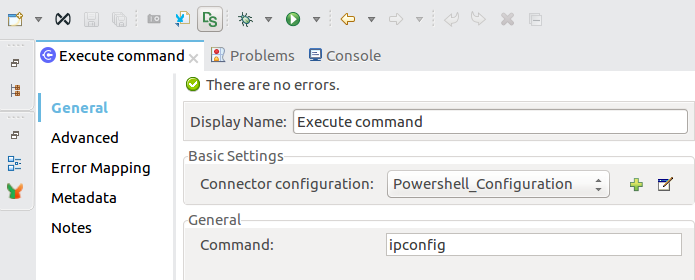 Execute command 操作のプロパティウィンドウ