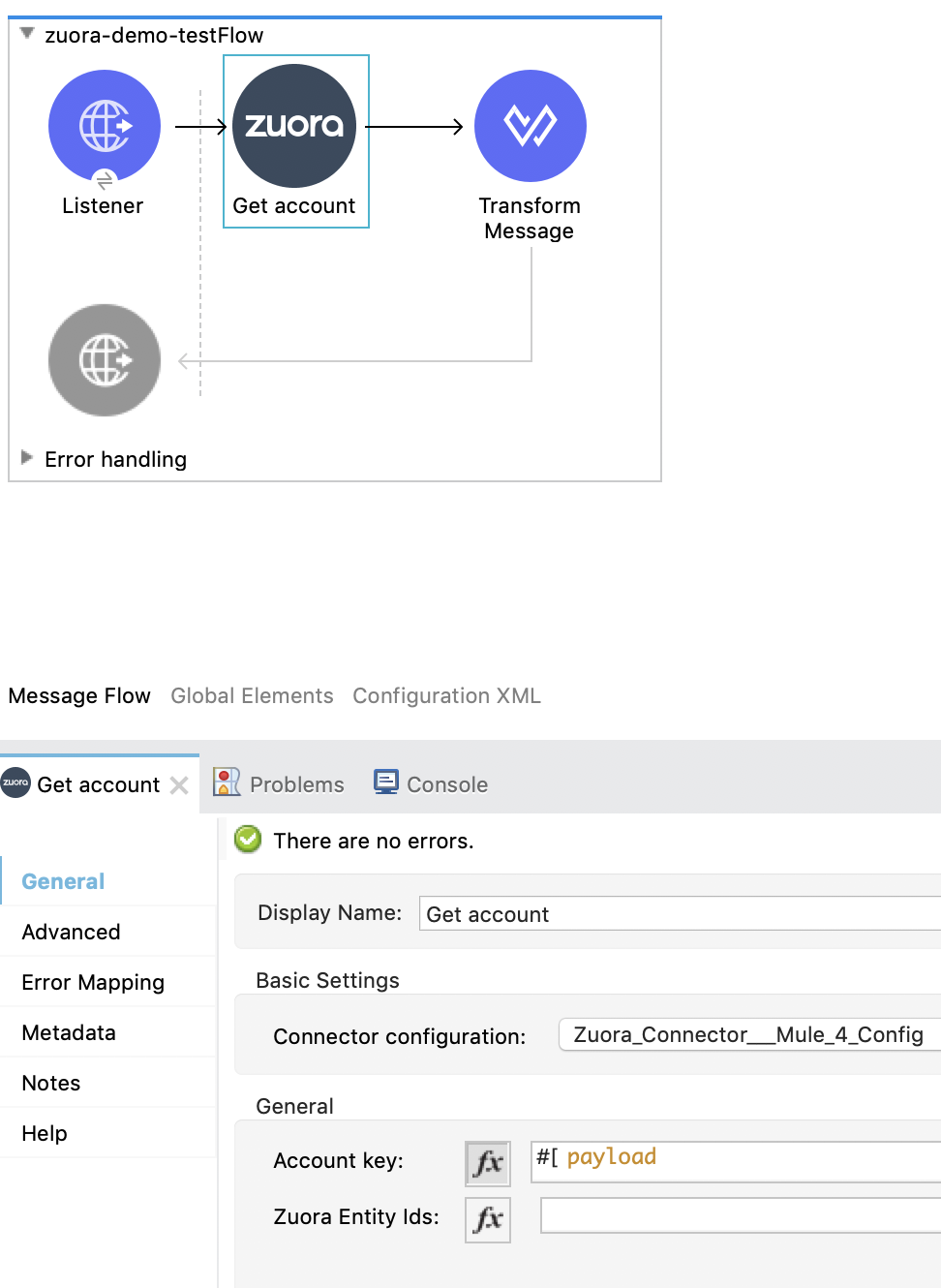 Listener、Get account、Transform Message を含む Studio フロー