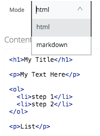 A dropdown menu displays 'html' for Mode and 'markdown' for Content.