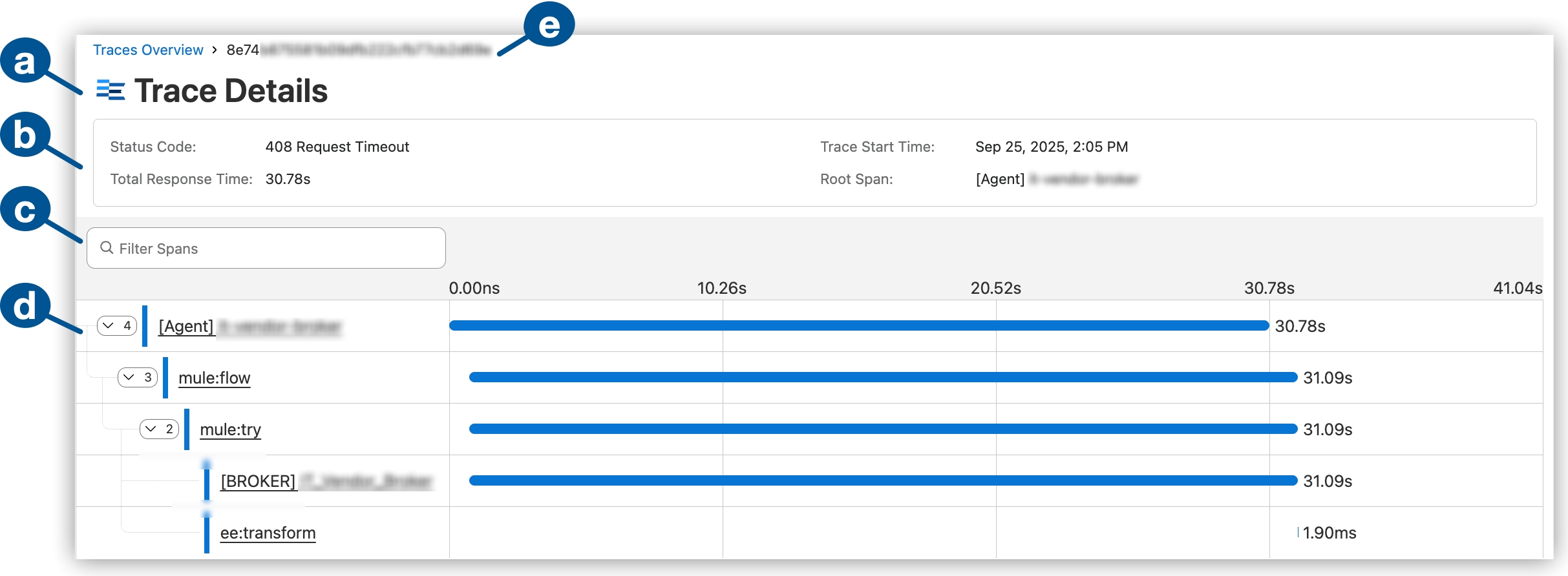 An instance’s spans in the Traces Details page