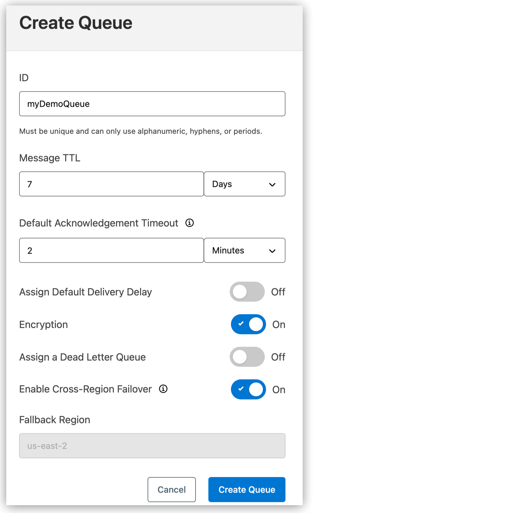 Create Queue dialog box showing the failover option selected