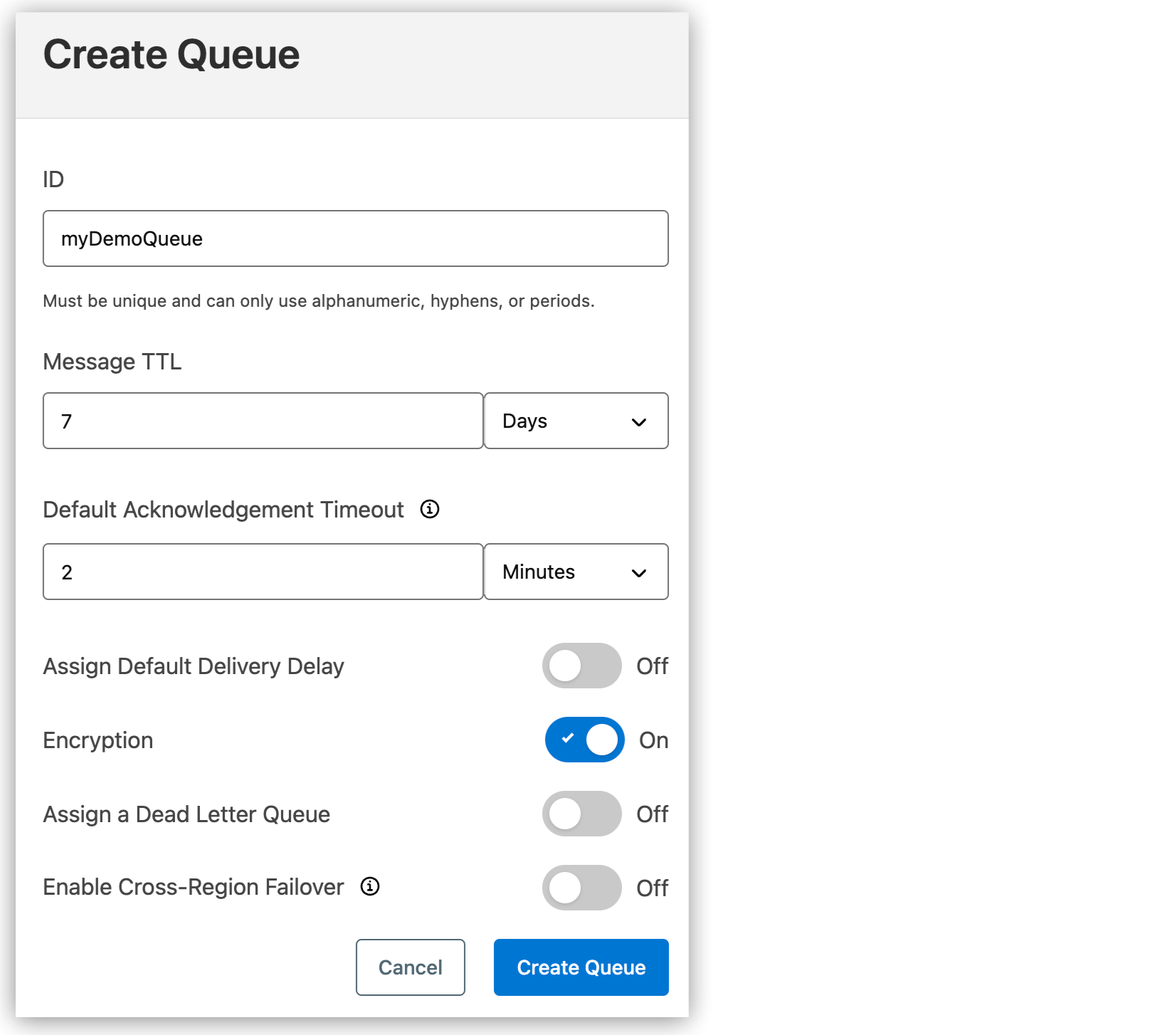 Create Queue window showing myDemoQueue in the ID field and other default options