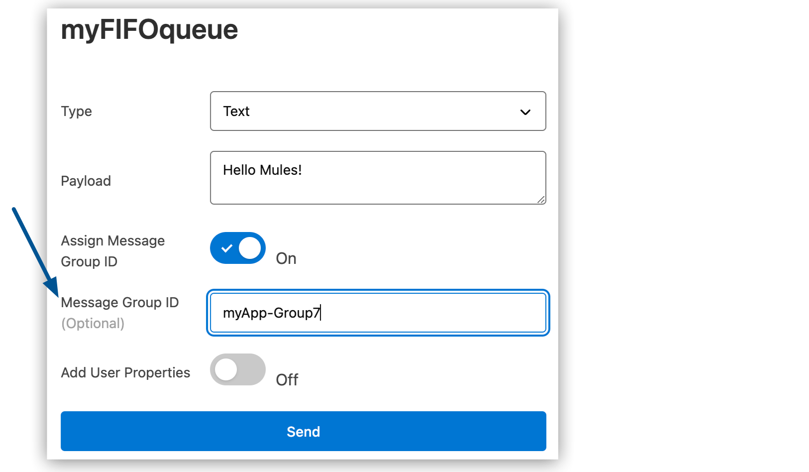 Message Sender page showing the Message Group ID field for FIFO queues