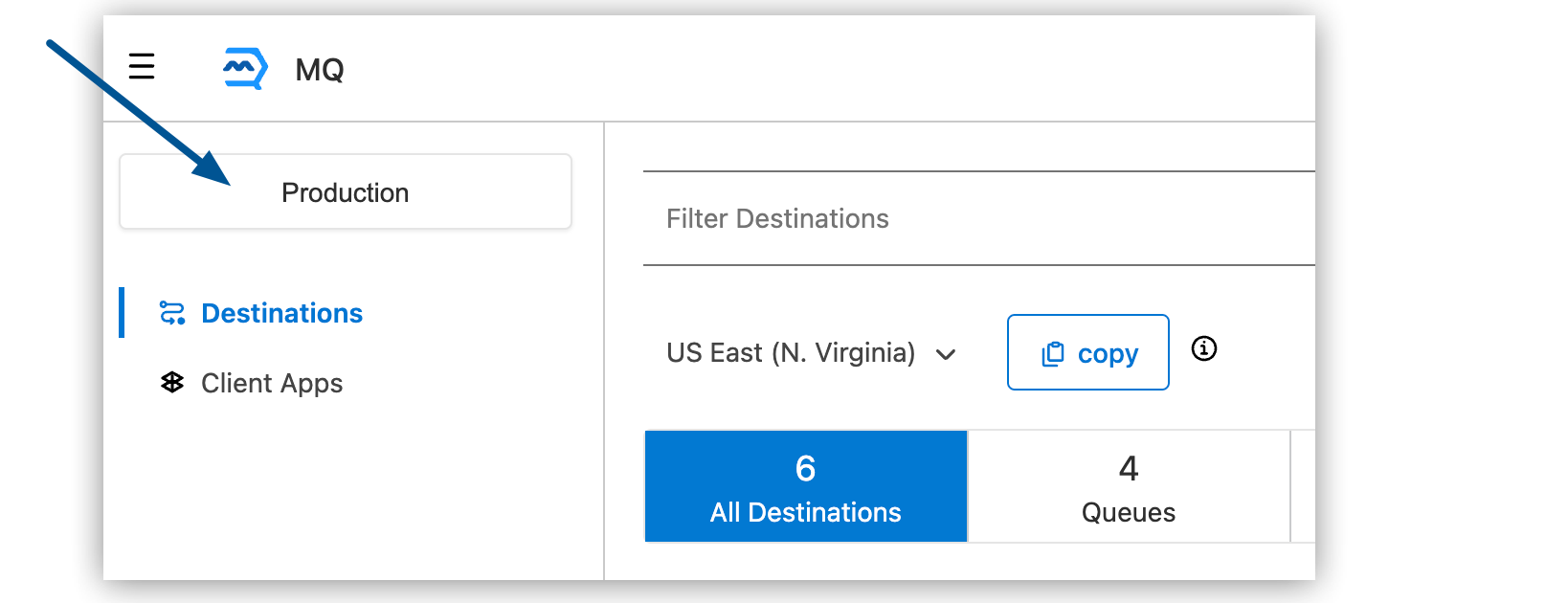Destinations page showing the environment-selection button
