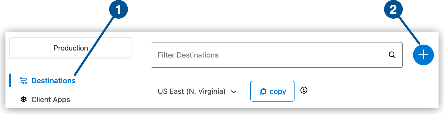 Destinations page showing the Destinations navigation option and the Add button for creating a new queue