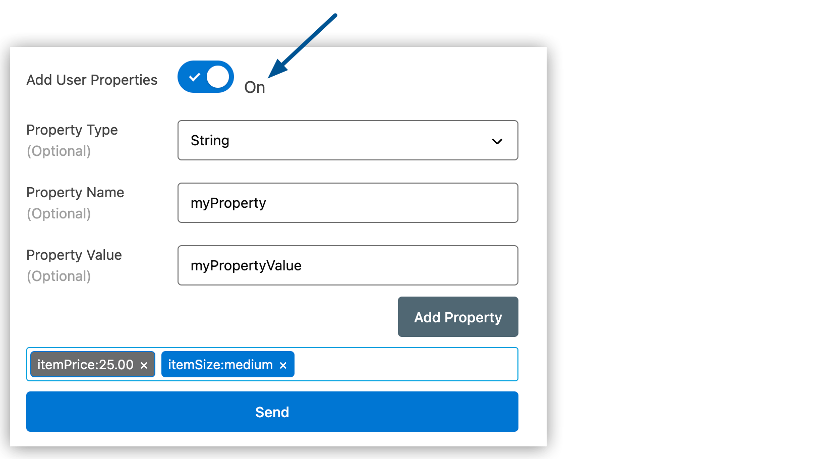 Message Sender page showing the Add User Properties toggle