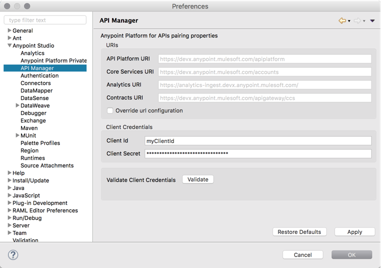 A window with configuration settings for API Manager