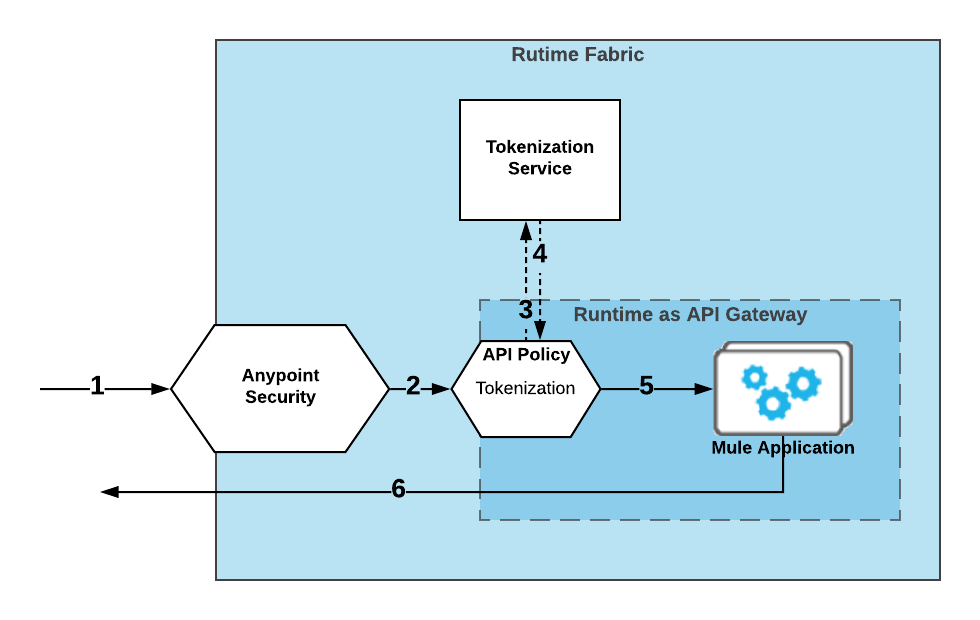 A diagram shows a data flow between security, tokenization, and a Mule application