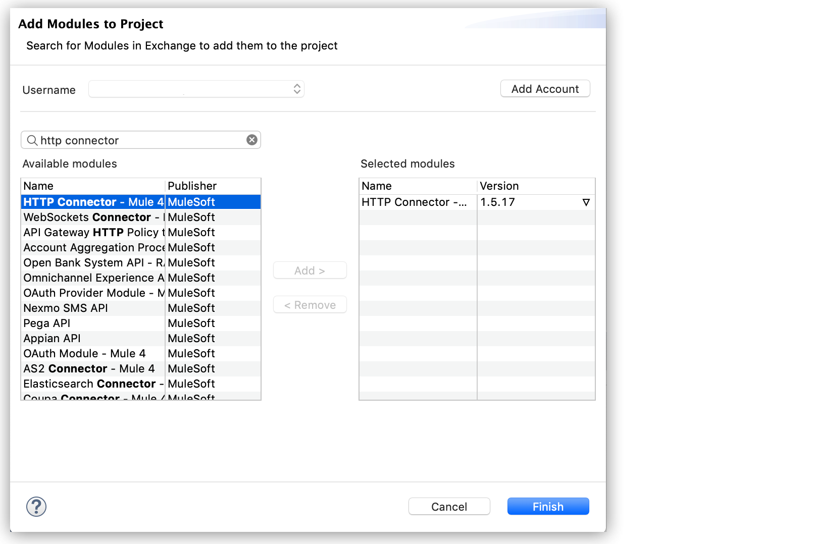 A search interface for adding modules from MuleSoft Exchange to a project