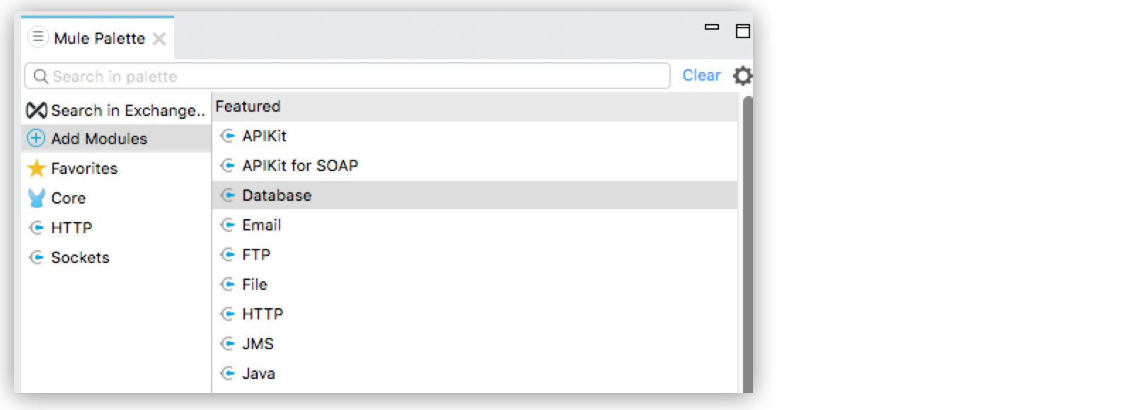 A palette menu in Mule interface showing available modules like Database, HTTP, and APIKit for SOAP