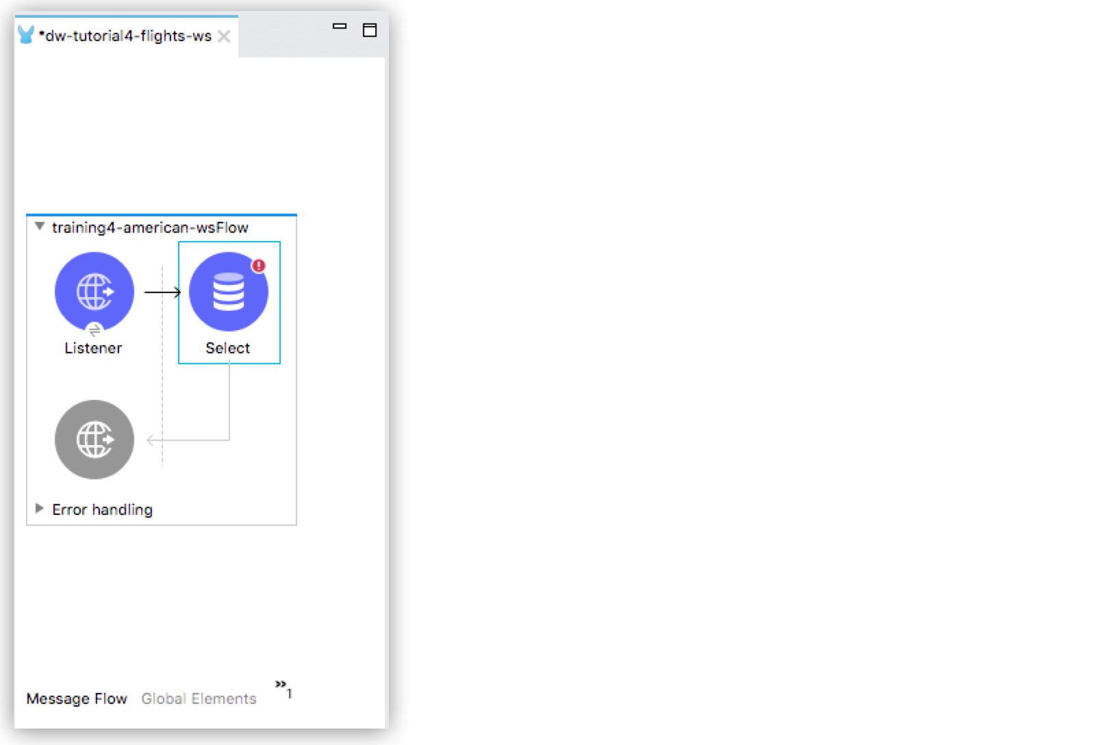 A Mule flow configuration interface showing elements like Listener and Error handling