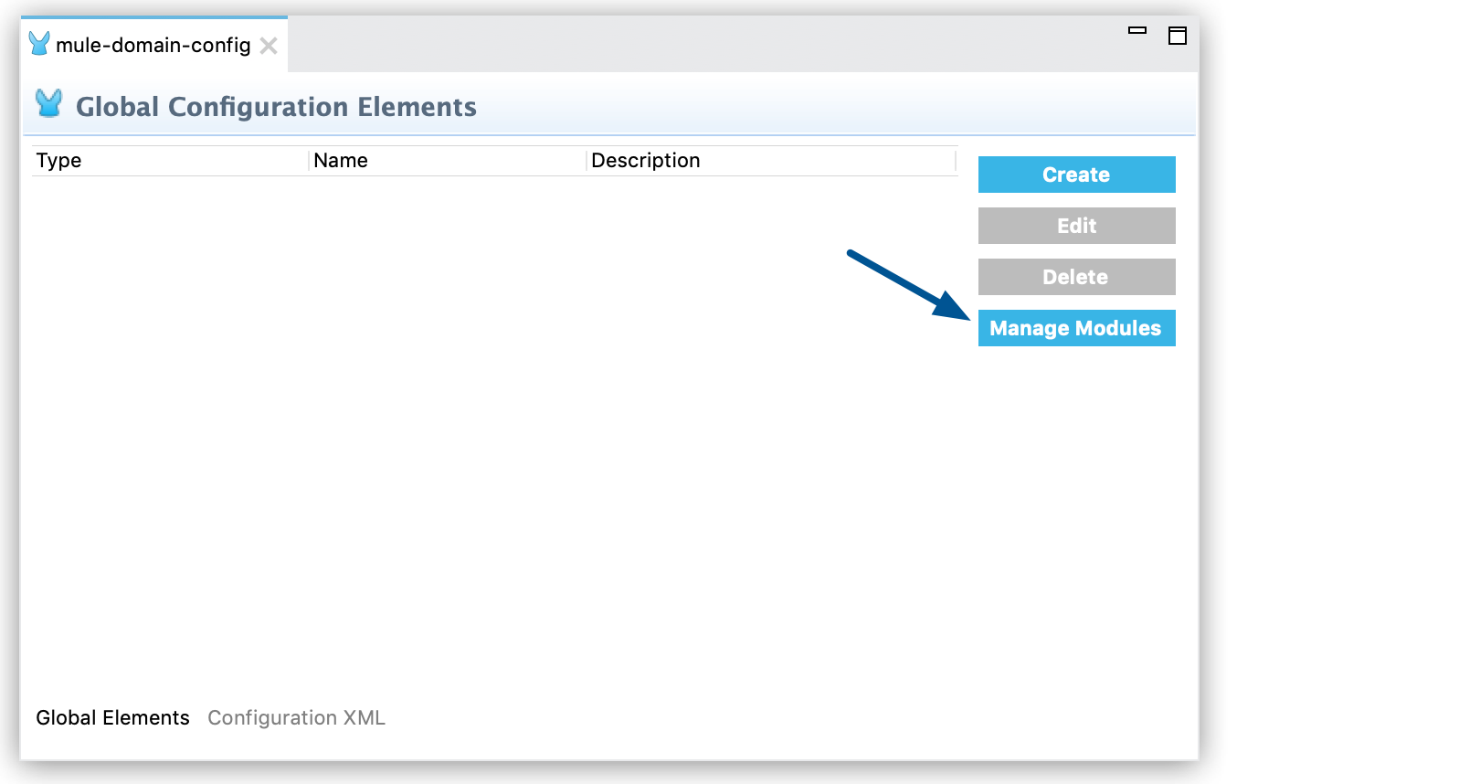 An interface for managing modules in a Mule domain configuration