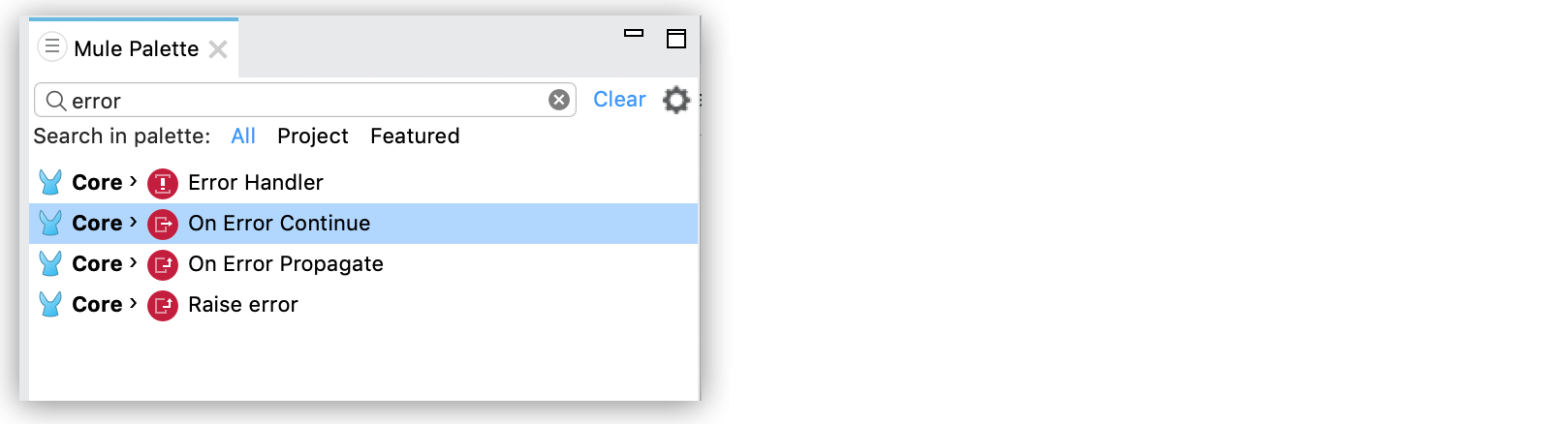 A palette menu for selecting error handling strategies in Mule applications